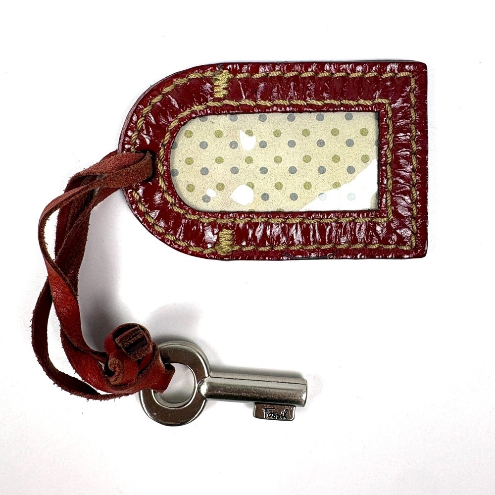 VTG Fossil Key-Per Luggage Tag Handbag Charm Metal Key Red Leather Coated Canvas
